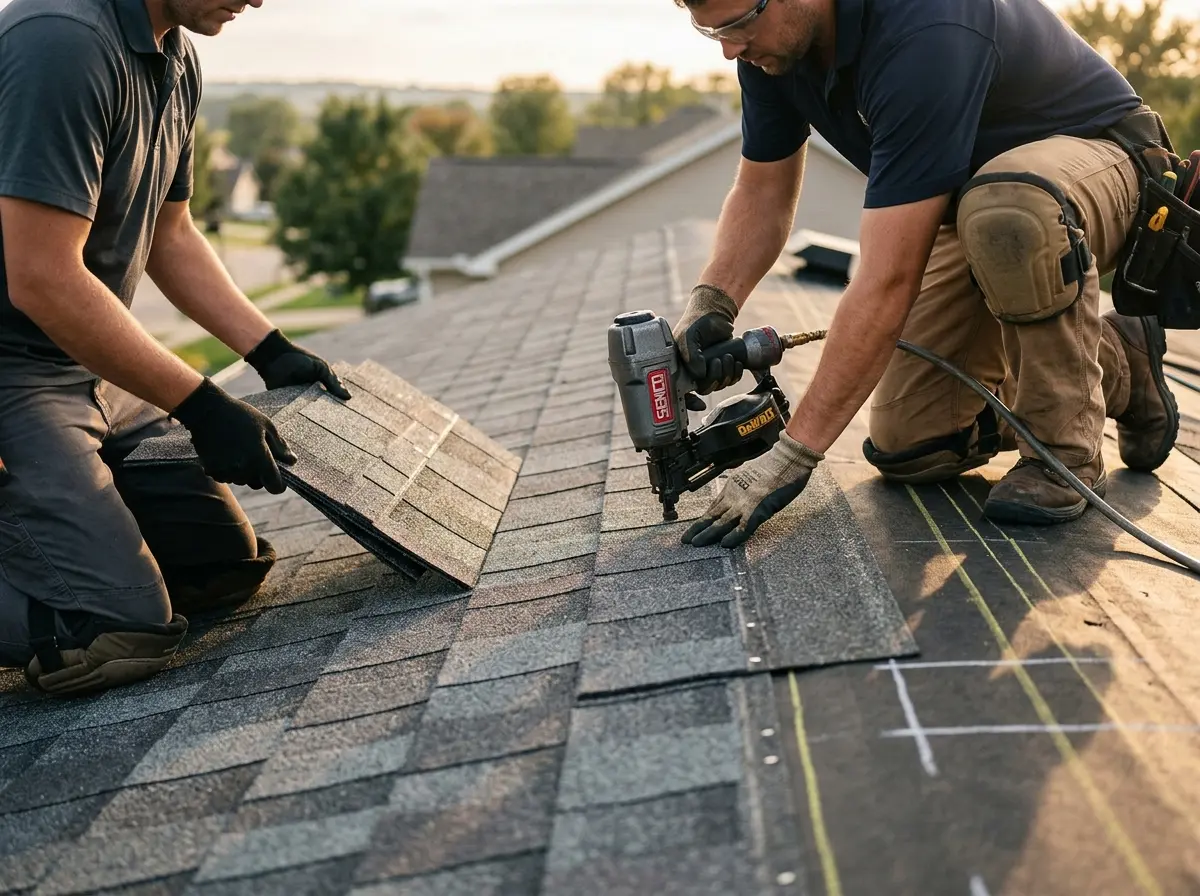 Professional roofer working on a residential roof in Lubbock